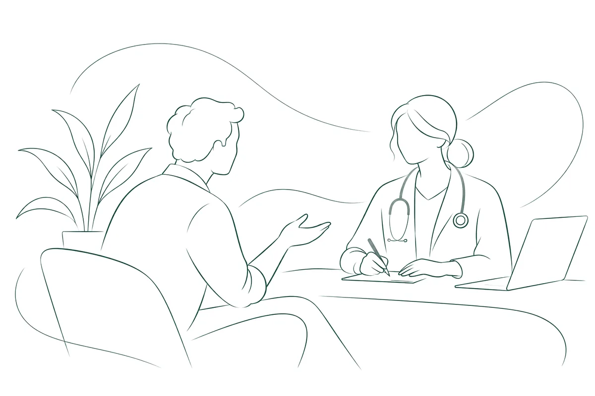 A patient talking with their GP, who is writing a referral
