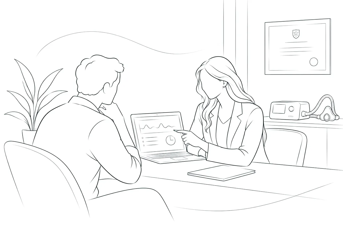 A sleep specialist going through sleep study results with a patient, with a CPAP machine in the background